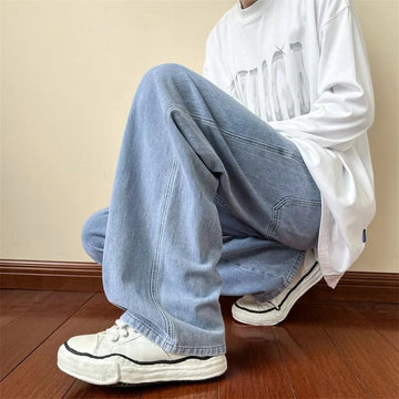 Jeans Men's Trendy Brand Loose Straight Leg Denim Pants Hip Hop Solid Color Casual Trousers Harajuku Male Bottoms aidase-shop